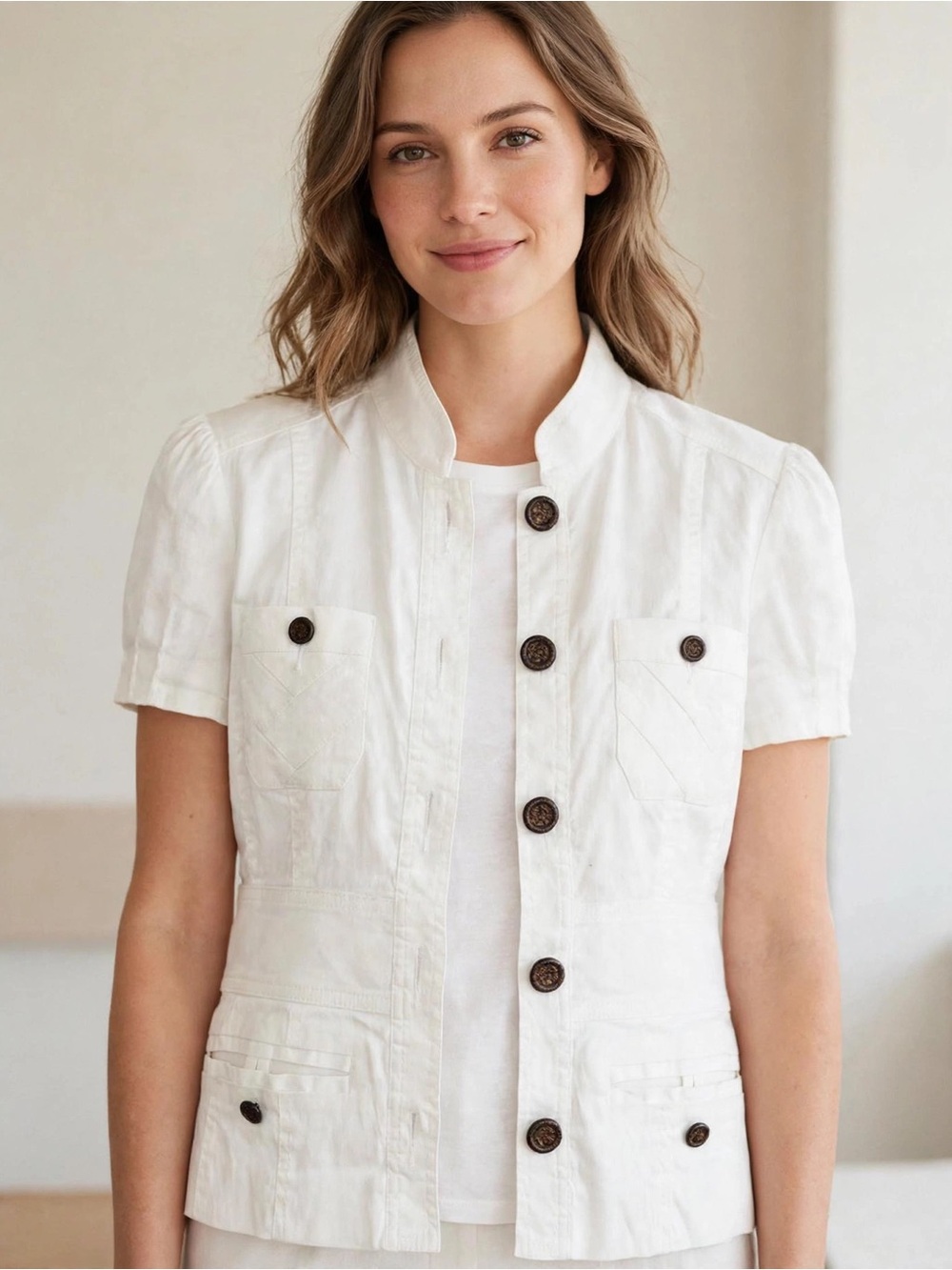 Bebe White Short-Sleeve Button Front Jacket Shirt - women’s small vintage Y2K